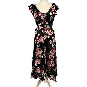 Band of Gypsies Boho Floral Tiered Ruffle Dress Black Multi